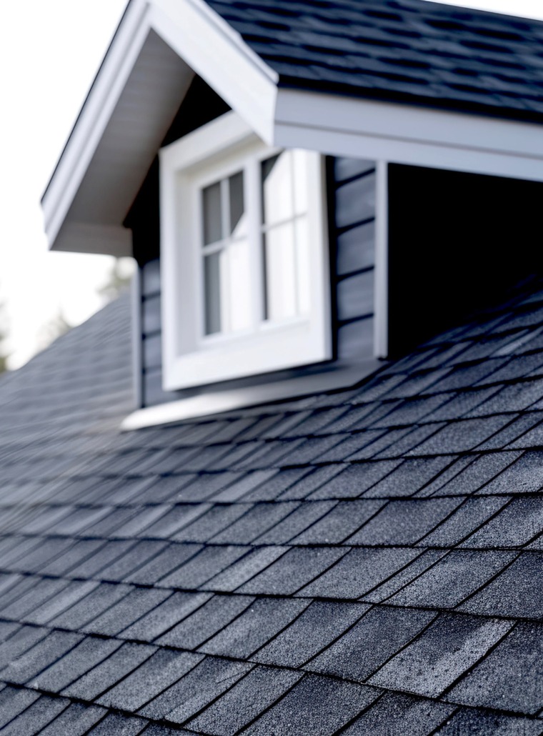 Close-up of new dark gray architectural asphalt shingles beside a window dormer